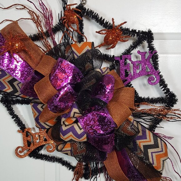 Halloween Orange Black Purple Glittered EEK Black Tinsel Spider Web Wreath - Picture 8 of 12